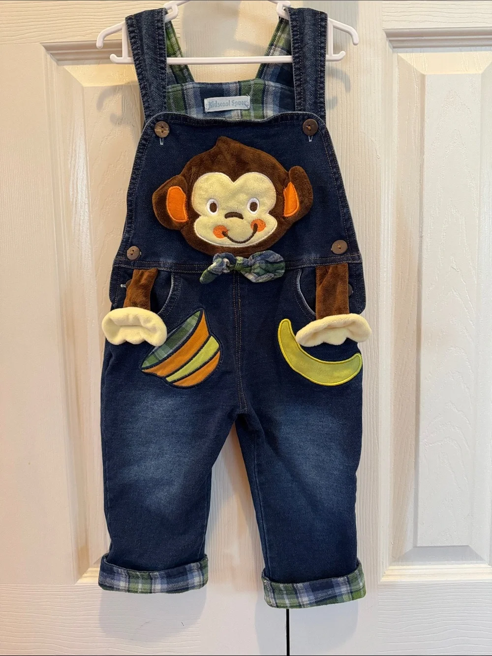 Junk Food Clothing Navy Denim Overalls with Monkey Appliqué